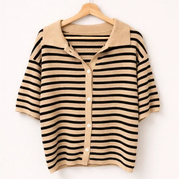 Striped Button-Front Knit Polo Set in Beige and Black - Picture 2 of 4
